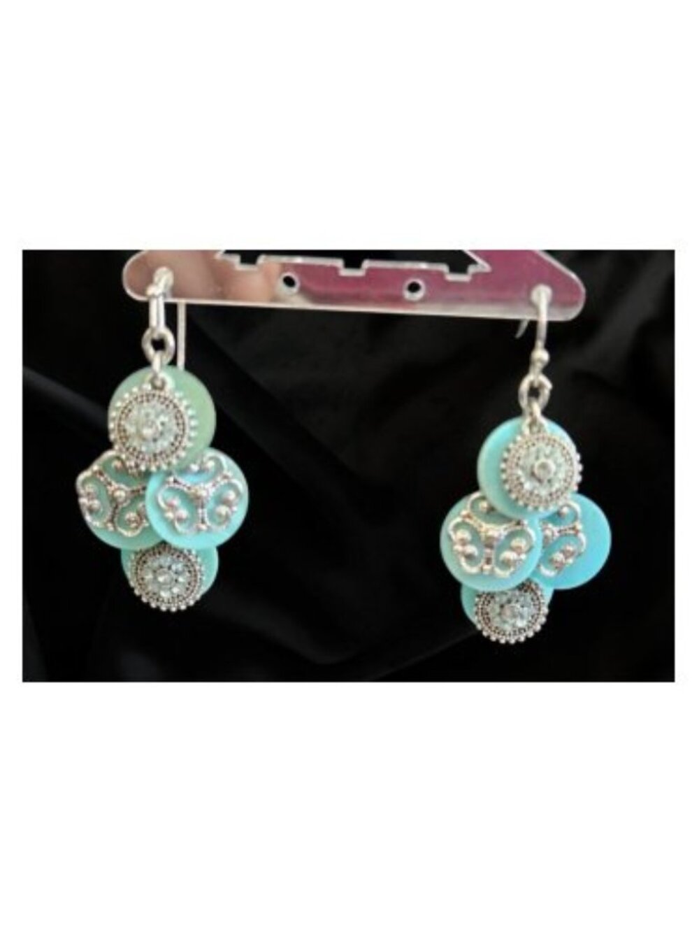 Blue Antiqued Silvertone Rhinestone Tiered Hook Earrings